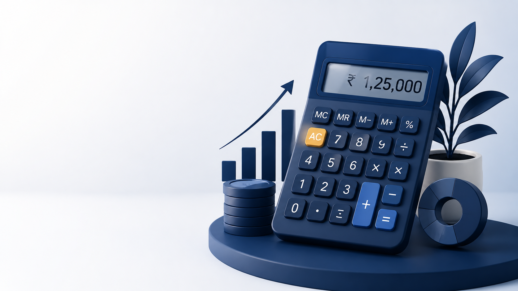 A calculator on a desk beside a rising savings chart