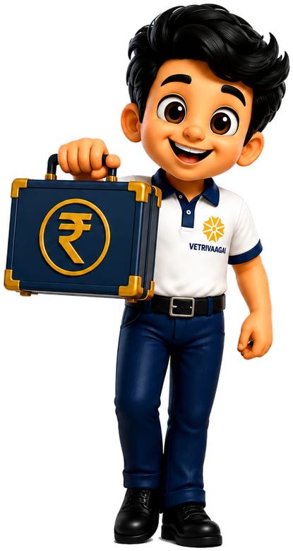 Vetrivaagai mascot holding a rupee briefcase